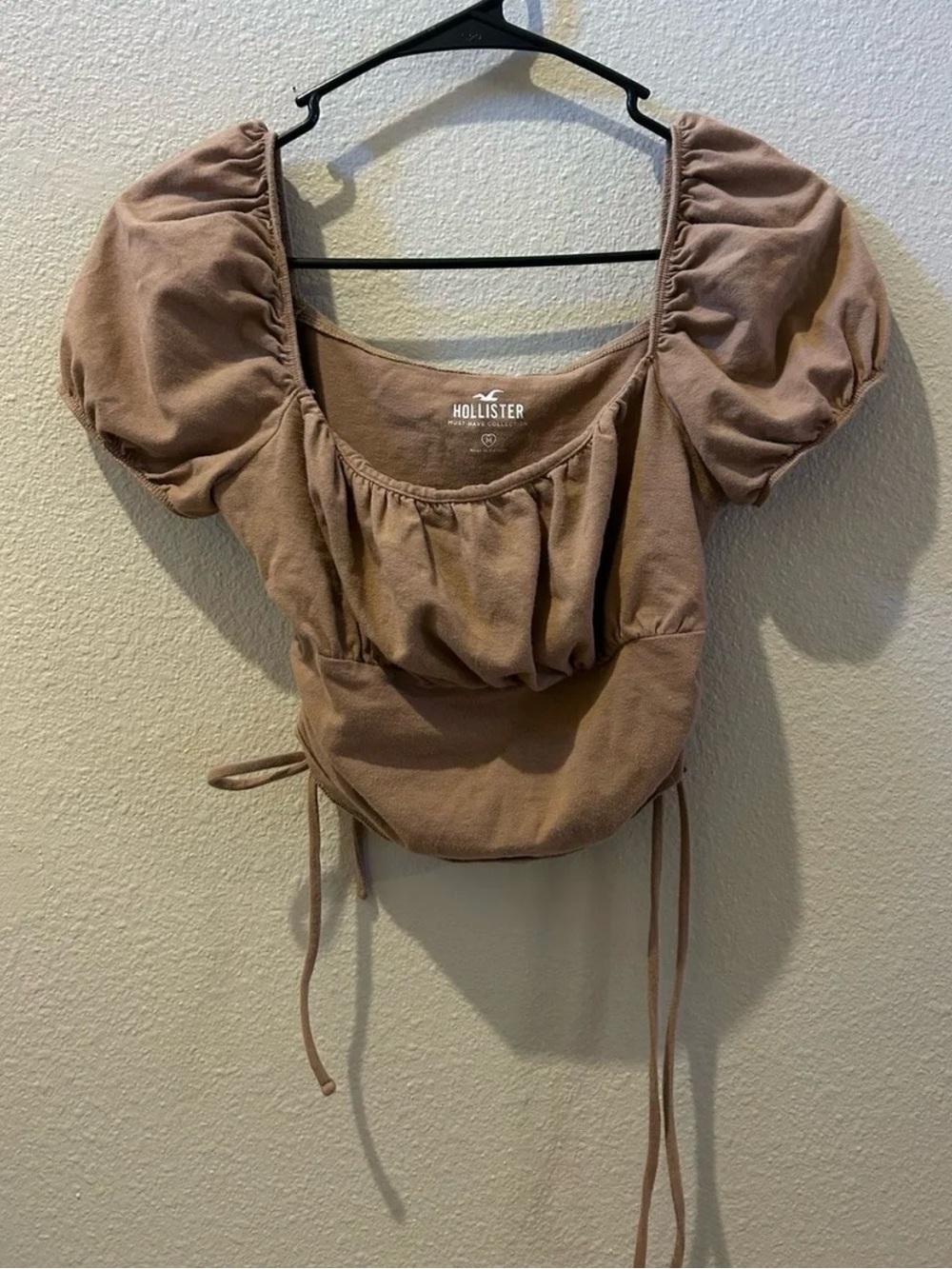 Hollister Taupe Puff Sleeve Square-Neck Crop Top with Side Ties